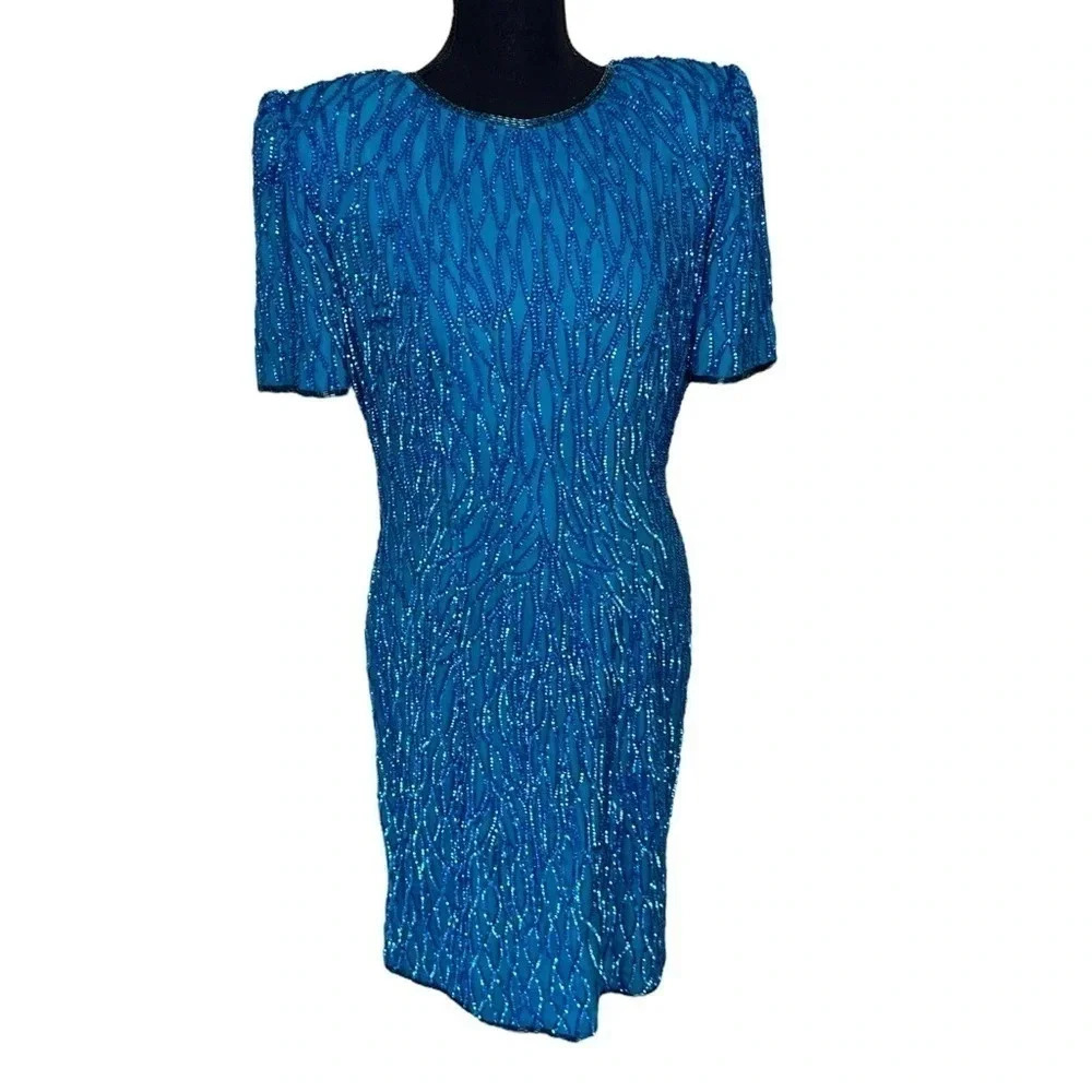 St'enay vintage size 12 elegant fully beaded‎ silk short sleeve midi dress